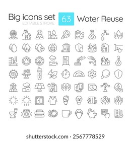 Water reuse linear icons set. Natural liquid sources sustainable consumption. Quality management and control. Customizable thin line symbols. Isolated vector outline illustrations. Editable stroke