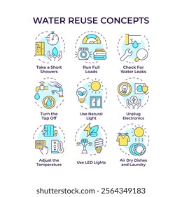 Water reuse multi color concept icons. Natural sources management. Liquid recycling processes. Eco friendly technology. Icon pack. Vector images. Round shape illustrations for booklet. Abstract idea