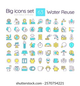 Water reuse RGB color icons set. Natural liquid sources sustainable consumption. Quality management and control. Isolated vector illustrations. Simple filled line drawings collection. Editable stroke