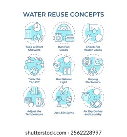 Water reuse soft blue concept icons. Natural sources management. Liquid recycling processes. Eco friendly technology. Icon pack. Vector images. Round shape illustrations for booklet. Abstract idea