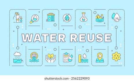 Water reuse soft blue word concept. Nature liquid sources management. Sustainable consumption. Typography banner. Vector illustration with title text, editable icons color