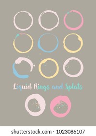 Water Rings and Splats. Vector Colorful Juice Splatter. Vintage Coffee Shop Logo Element. Uneven Textured Stamp Frames, Cup, Mug Stains, Liquid Water Rings, Watercolor Splats. Green, Pink, Blue Drops.