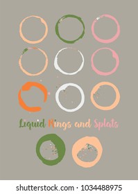 Water Rings and Splats. Vector Vintage Coffee Shop Logo Element. Colorful Juice Splatter. Uneven Textured Stamp Frames, Cup, Mug Stains, Liquid Water Rings, Watercolor Splats. Turquoise, Orange Drops.