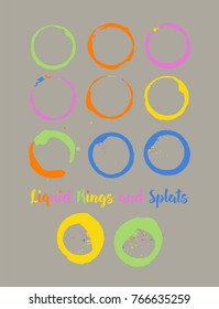 Water Rings and Splats. Vector Vintage Coffee Shop Logo Element. Colorful Juice Splatter. Uneven Textured Stamp Frames, Cup, Mug Stains, Liquid Water Rings, Watercolor Splats. Turquoise, Orange Drops.