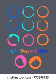 Water Rings and Splats. Vector Vintage Coffee Shop Logo Element. Colorful Juice Splatter. Uneven Textured Stamp Frames, Cup, Mug Stains, Liquid Water Rings, Watercolor Splats. Turquoise, Orange Drops.