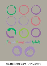 Water Rings and Splats. Vector Vintage Coffee Shop Logo Element. Colorful Juice Splatter. Uneven Textured Stamp Frames, Cup, Mug Stains, Liquid Water Rings, Watercolor Splats. Turquoise, Orange Drops.