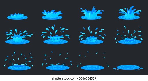 Water ripple animation. Cartoon splash fx effect 2d game, sprite sheet frames liquid drop, storyboard motion effect rain drops, flash sea set, neat vector illustration. Water animation ripple drop