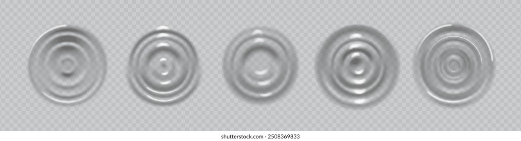 Water ripple effect top view. Vector isolated set of realistic concentric waves and splashes on surface. Texture or effect for pond or river, pool or puddle. Raindrop motion radial shape