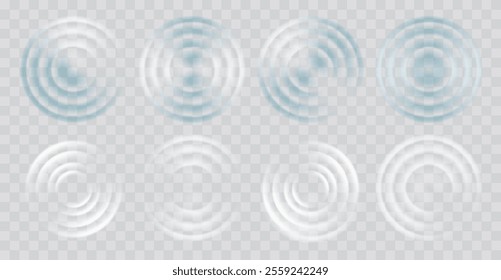 Water ripple effect top view set. Realistic caustic drop or sound wave splash effects, concentric circles in puddle. Vector set round wave surfaces on transparent background