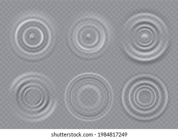 Water ripple. Realistic caustic drop or sound wave splash effects, concentric circles in puddle. Vector set on transparebt background