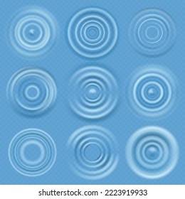 Water ripple. Realistic concentric circles in puddle. Vector round wave surfaces on transparent background