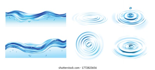 Water ripple realistic set with water drops isolated vector illustration
