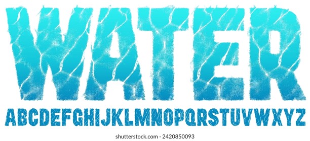 Wasserreißer Textur Schriftart. Abstrakte Schriftrotten mit Schwimmbadeffekt, die die Wassergewölbe und verzerrten Fliesen zeigen