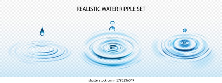 Water ripple transparent realistic set with fresh water symbols isolated vector illustration