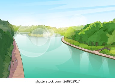 Water River Pond Jungle Forest Green Landscape Park Blue Sky Vector Illustration