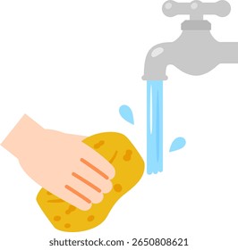 Water running from a tap and a hand holding a sponge