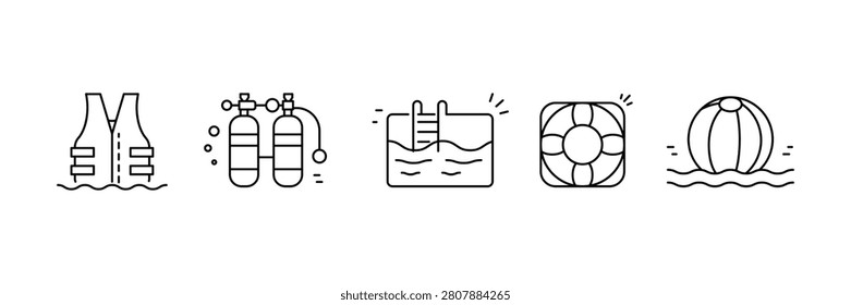 Water Safety, Diving, and Swimming Pool Line Icons