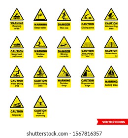 Water safety hazard signs icon set of color types. Isolated vector sign symbols. Icon pack.