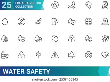 Water Safety icon set. Containing life jacket, swimming, lifeguard, flotation device, waves, rescue, danger, and more. Line vector icons collection. Vector illustration.