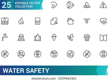 Conjunto de ícones de Segurança da Água. Contendo colete salva-vidas, natação, salva-vidas, dispositivo de flutuação, ondas, resgate, perigo e muito mais. Coleção de ícones de vetor de linha. Ilustração vetorial.
