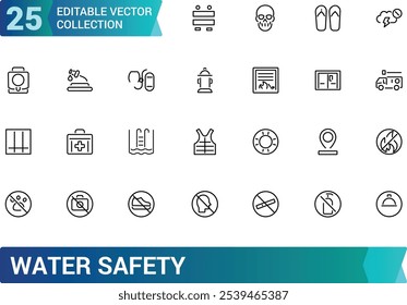 Conjunto de ícones de Segurança da Água. Contendo colete salva-vidas, natação, salva-vidas, dispositivo de flutuação, ondas, resgate, perigo e muito mais. Coleção de ícones de vetor de linha. Ilustração vetorial.