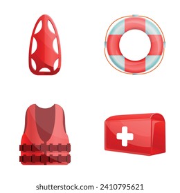 Iconos de seguridad del agua configuran el vector de dibujos animados. Life jacket lifebuoy y kit de primeros auxilios. Equipo de rescate de agua