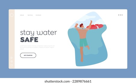 Water Safety Landing Page Template. Struggling Man Character Submerging In Water With Arms Raised In Desperation. Danger And Urgency Of Drowning Concept. Cartoon People Vector Illustration