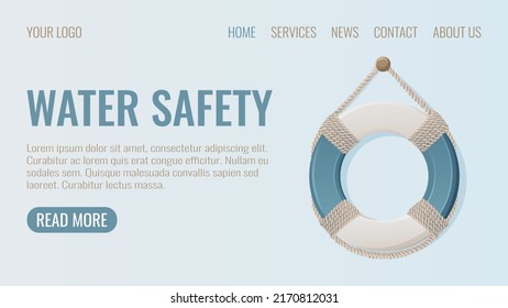 Water safety, lifebuoy with ropes, web template, vector illustration in cartoon nautical marine style. For banner, poster, website interface, advertising. Concept of rest at the beach, pool