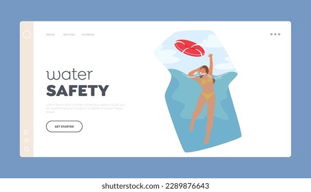 Water Safety Measures Landing Page Template. Female Character Drowning Trying to Keep Breath and Arm Flailing In Desperation. Image Highlights The Danger Of Water. Cartoon People Vector Illustration