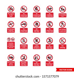 Water safety prohibitory signs icon set of color types. Isolated vector sign symbols. Icon pack.