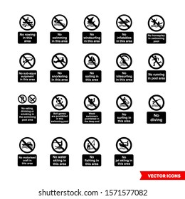 Water safety prohibitory signs icon set of black and white types. Isolated vector sign symbols. Icon pack.