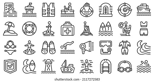 Water Safety Training Icons Set Outline Vector. Beach Assistance. Float Help