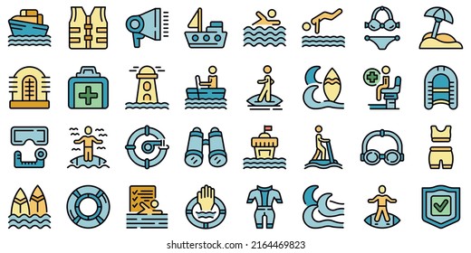 Water safety training icons set outline vector. Beach assistance. Float help svg