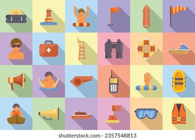 Water safety training icons set flat vector. Float help. Guard acitivity
