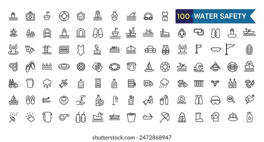 Water safety training icons set outline vector. Beach assistance. Outline icon collection. Editable stroke.