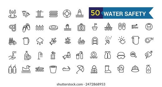 Water safety training icons set outline vector. Beach assistance. Outline icon collection. Editable stroke.