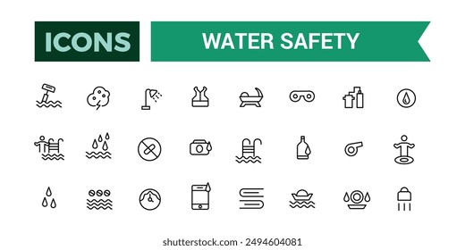 Water safety training icons set outline vector. Beach assistance. Outline icons pack. Editable vector line icon set and illustration for web and UI application.