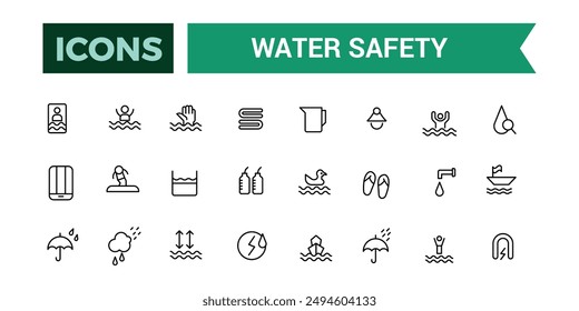 Water safety training icons set outline vector. Beach assistance. Outline icons pack. Editable vector line icon set and illustration for web and UI application.