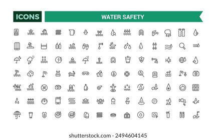 Water safety training icons set outline vector. Beach assistance. Outline icons pack. Editable vector line icon set and illustration for web and UI application.