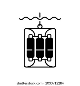 Water sampler black linear icon. Water sampling devices. Bucket dropped over side of boat. Large water bottles sent into ocean on wire. Outline symbol on white space. Vector isolated illustration