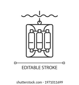 Water sampler linear icon. Water sampling devices. Bucket dropped of boat. Bottle sent into ocean. Thin line customizable illustration. Contour symbol. Vector isolated outline drawing. Editable stroke