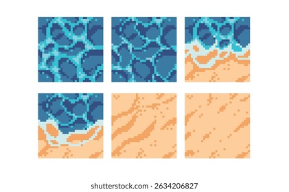 Water and sand pixel art square blocks. Sea or ocean beach seamless pattern textures 8 bit platform tiles. Game development, mobile app template. Texture grid vector illustration.