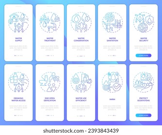 Water sanitation management blue gradient onboarding mobile app screens set. Walkthrough 5 steps graphic instructions with linear concepts. UI, UX, GUI template