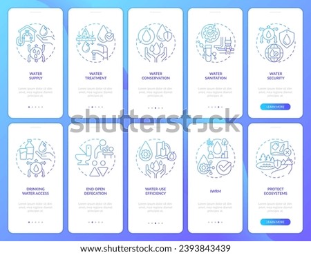 Water sanitation management blue gradient onboarding mobile app screens set. Walkthrough 5 steps graphic instructions with linear concepts. UI, UX, GUI template