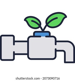 Icono vector de ahorro de agua y cuidado. Diseño de brote de plantas verdes y grifo. Limpiar símbolo sano. Diseño de recursos naturales. Signo de protección ecológica y de seguridad aislado en fondo blanco