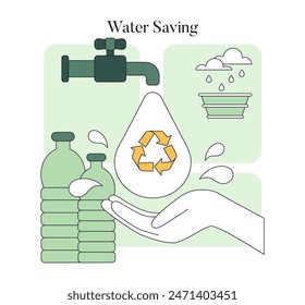 Water Saving concept. Conservation practices for responsible water usage and recycling. Responsible consumption, reuse methods. Vector illustration.