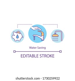 Water saving concept icon. Resource efficiency and conservation idea thin line illustration. Wasting less water, closing tap, taking shower. Vector isolated outline RGB color drawing. Editable stroke