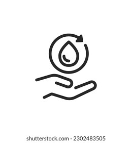 Water Saving Icon. Hand Holding Water Drop with Recycling Arrow. Vector Outline Concept of Sustainable Water Resource Use, Environmental Protection, Sustainable Water Use.