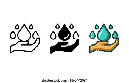 Water saving icon. With outline, glyph, and filled outline styles
