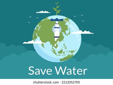 Water Saving Templates Hand Drawn Flat Cartoon Illustration for Mineral Savings Campaign with Faucet and Earth Concept